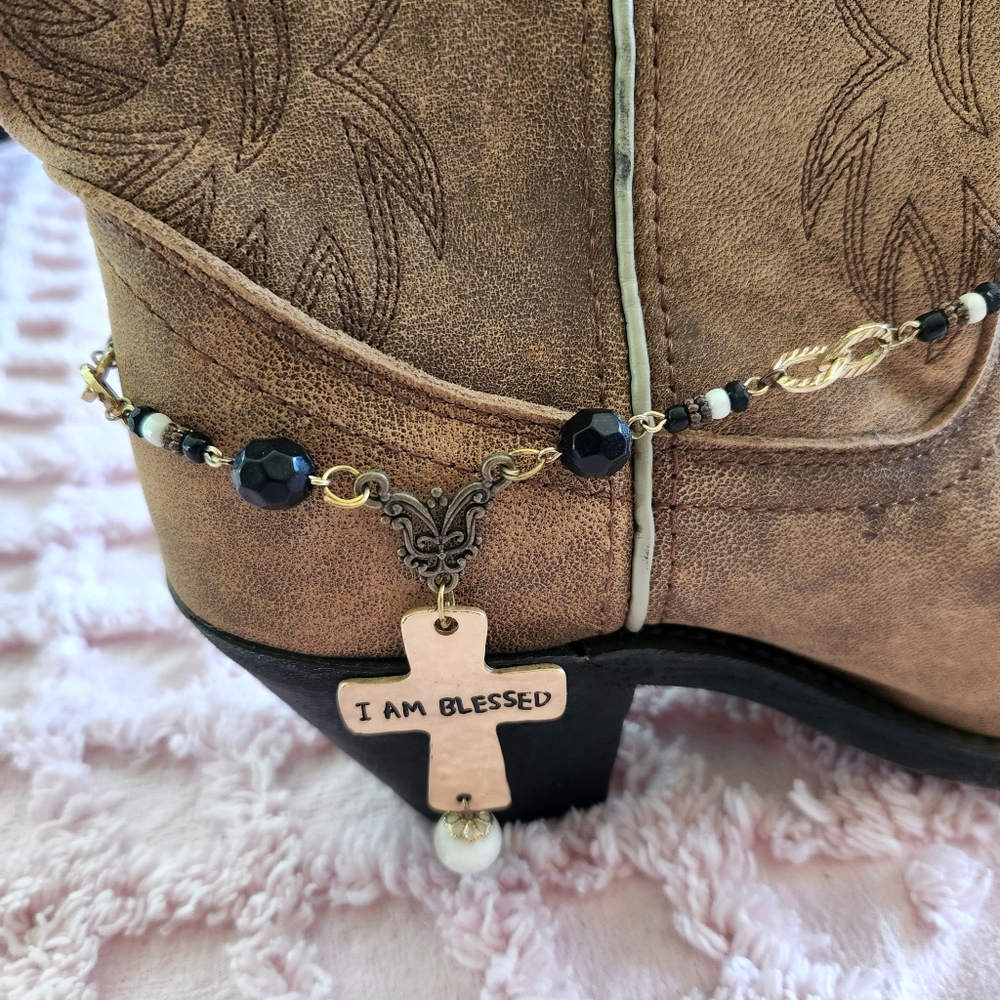 GOLDTONE HAMMERED CROSS WITH I AM BLESSED ENGRAVE BLACK AND GRAY GLASS BEADS